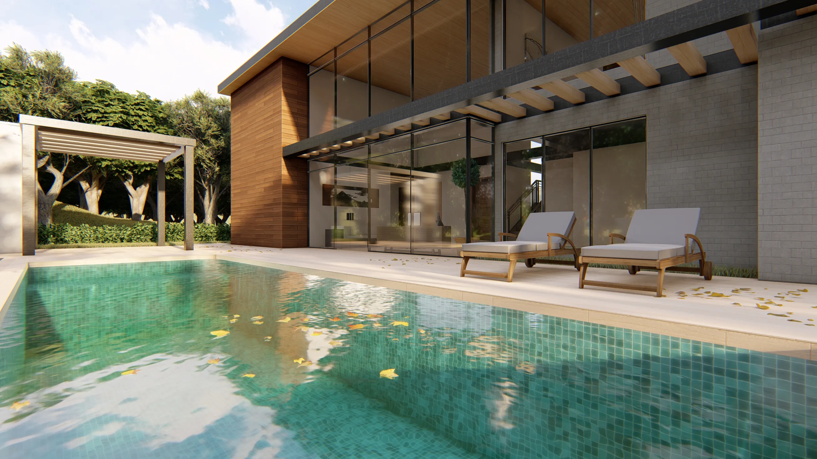 Render de una casa con piscina y terraza